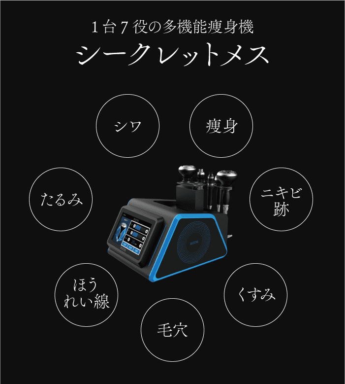 シワ、痩身、ニキビ跡、くすみ、毛穴、ほうれい線、たるみ、1台7役の多機能痩身機 シークレットメス